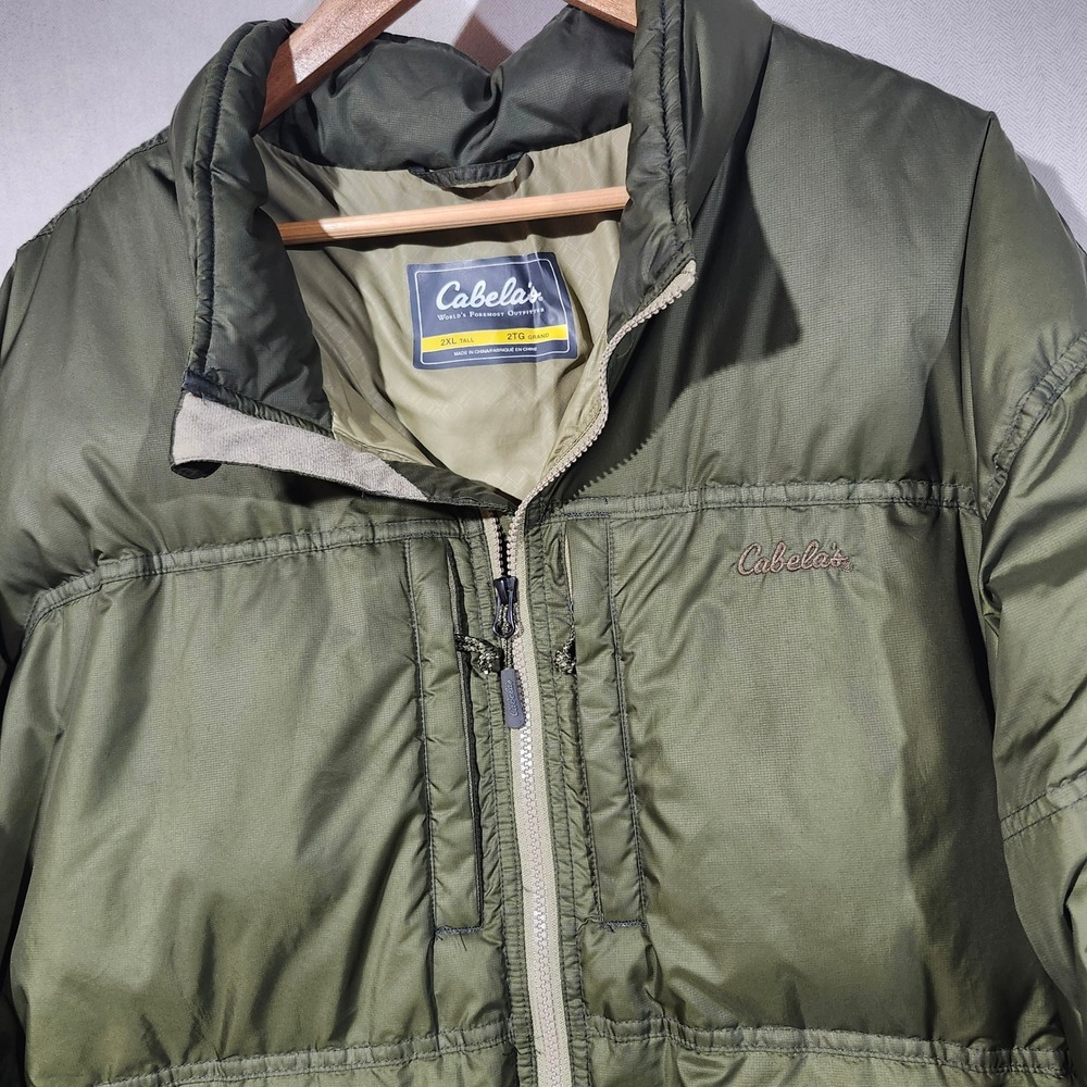 Cabelas Mens 2XL Tall 650 Down Puffer Jacket Olive Green Reinforced Elbows Tall - Picture 7 of 14